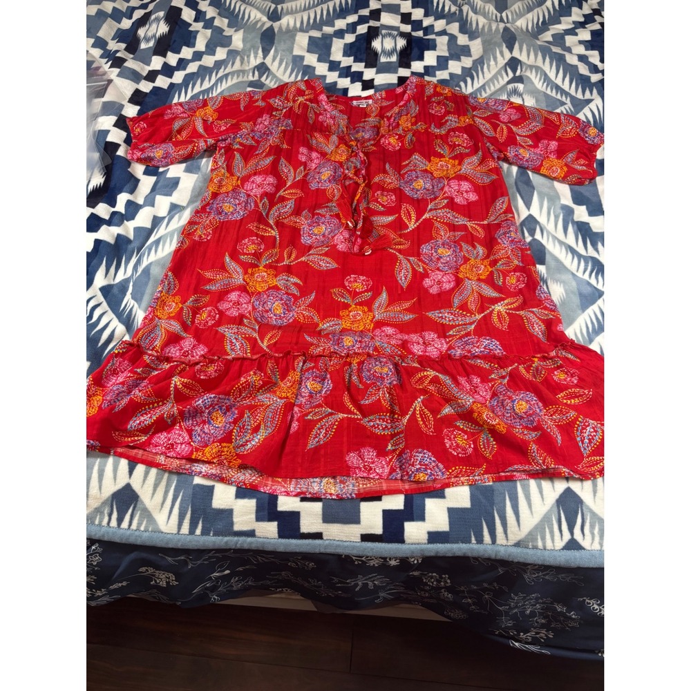 Johnny Was Red Floral Tassel V-Neck Tiered Ruffle Tunic Dress Womens Medium